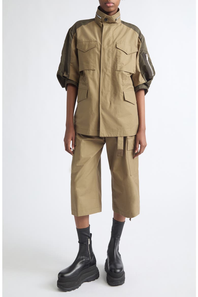 Mixed Media Short Sleeve Jacket, Alternate, color, BEIGE/ DARK KHAKI