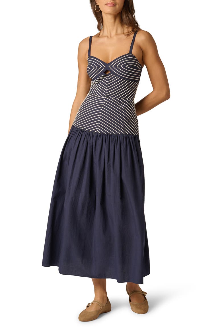 Embroidered Cutout Drop Waist Cotton Midi Dress, Main, color, NAVY/ IVORY