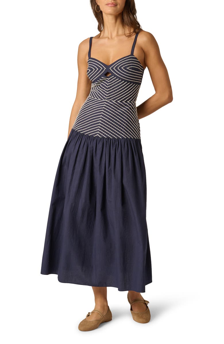 Adrianna Papell Embroidered Cutout Drop Waist Cotton Midi Dress, Main, color, Navy/ Ivory