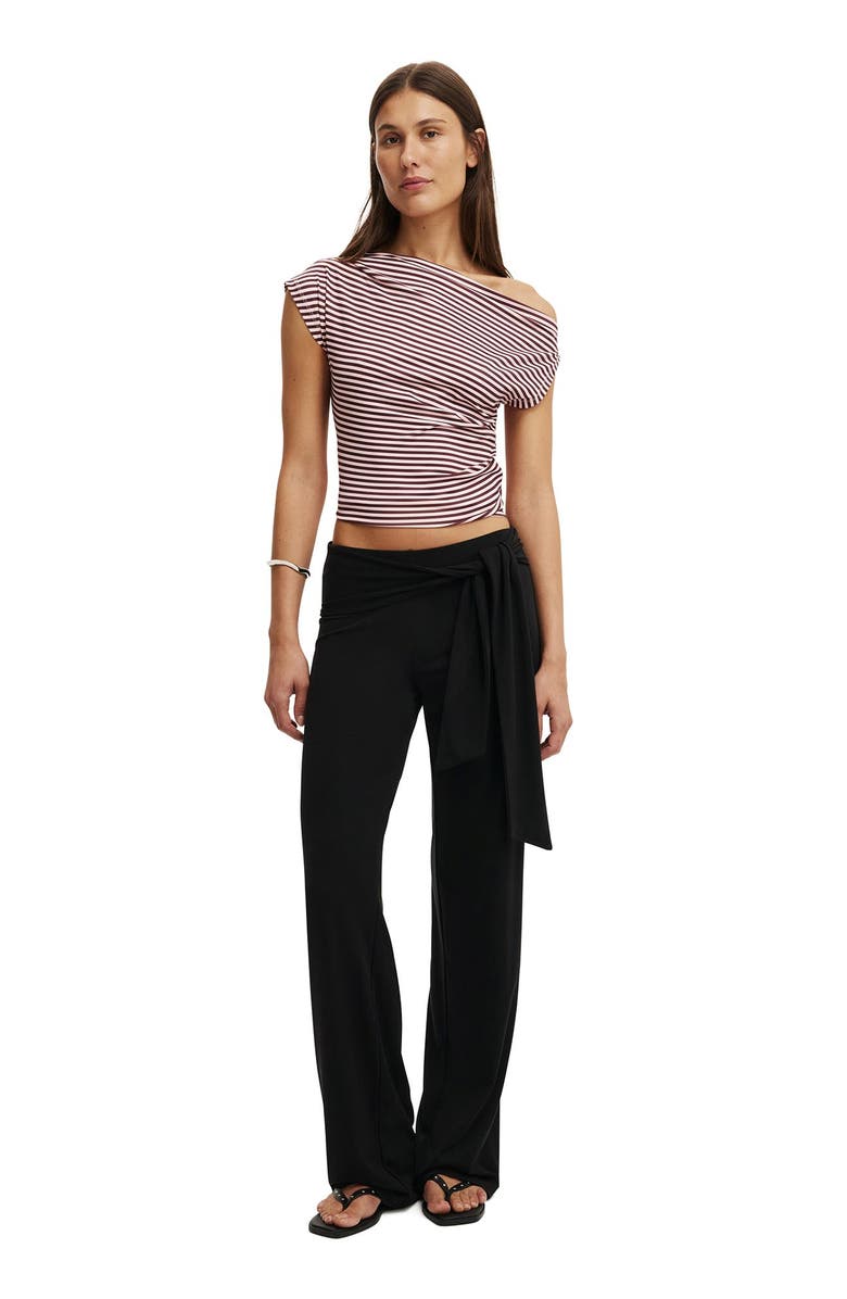 Cotton On Women's Georgie Off Shoulder Short Sleeve, Alternate, color, Madi Stripe Cherrywood