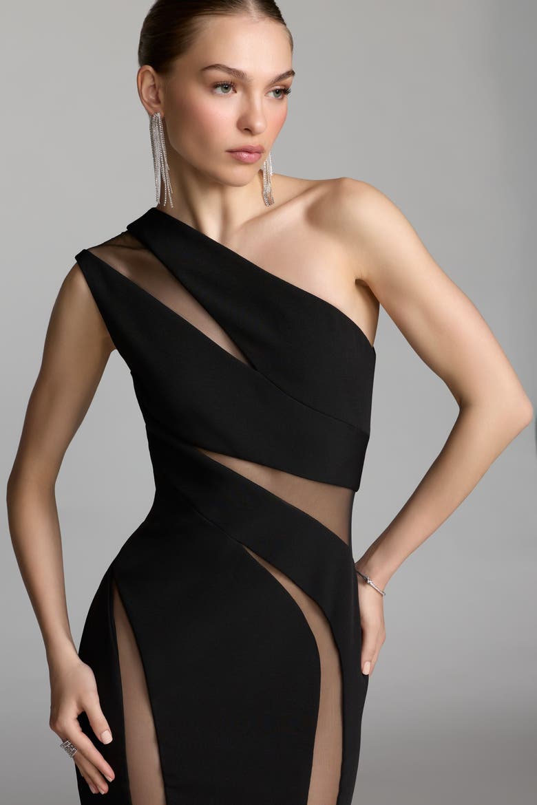 One Shoulder Crepe Illusion Cutout Gown, Alternate, color, Black