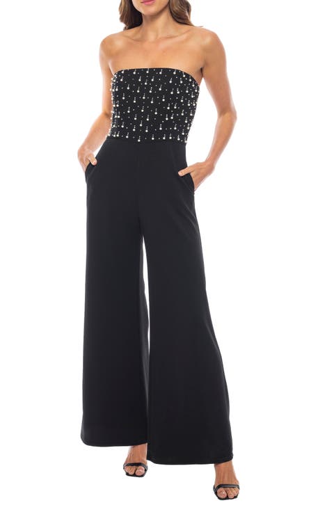 Beaded Faux Pearl Scuba Crepe Jumpsuit