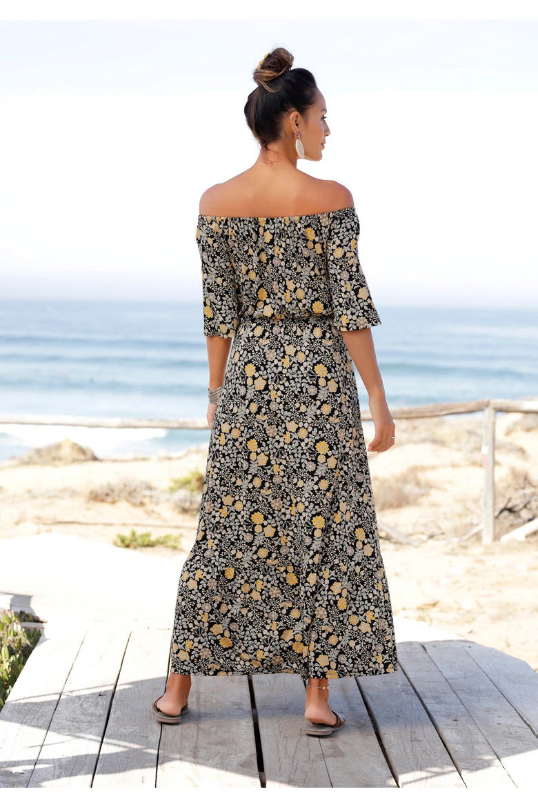 Floral Off Shoulder Maxi Dress, Alternate, color, Black & Yellow