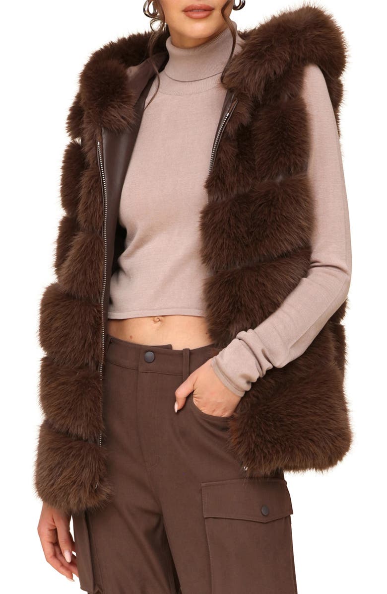Avec Les Filles Faux Fur & Faux Leather Hooded Zip Vest, Main, color, 