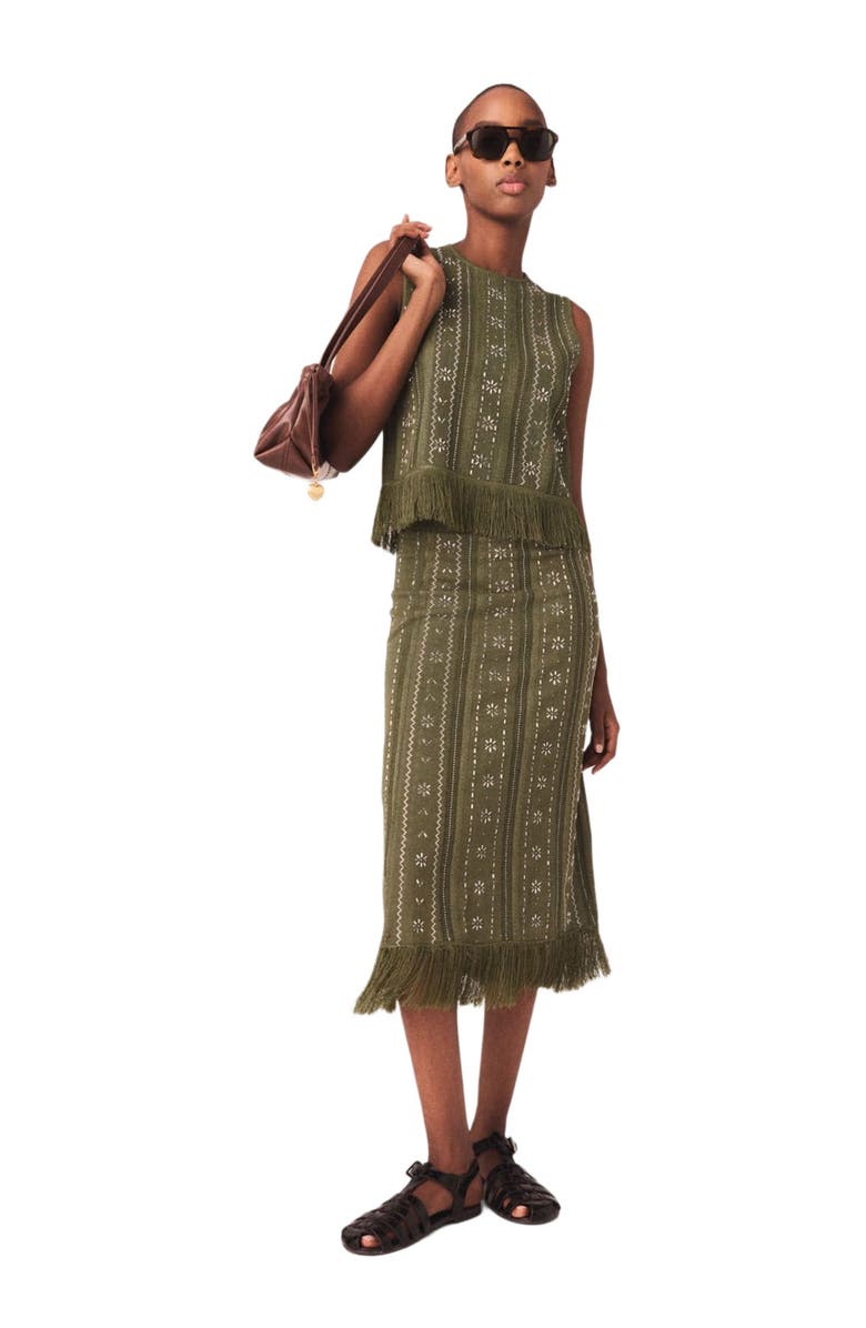 maje Knit skirt with rhinestone flowers, Alternate, color, Khaki