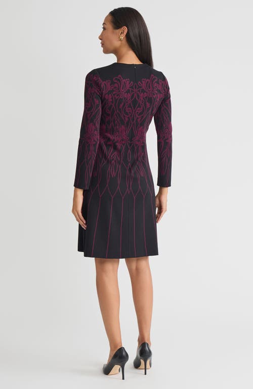 Ming Wang Flared Floral Jacquard Soft Knit Dress In Purple