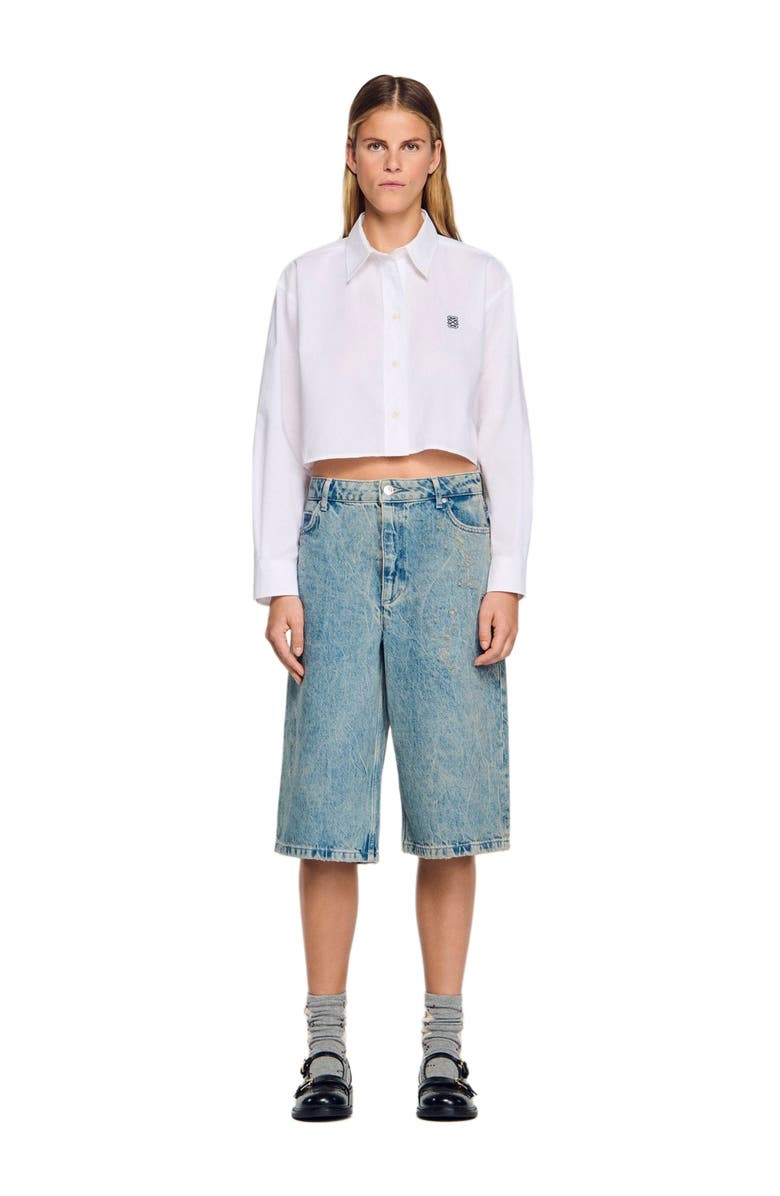 SANDRO Distressed denim Bermuda shorts, Alternate, color, Blue Jean