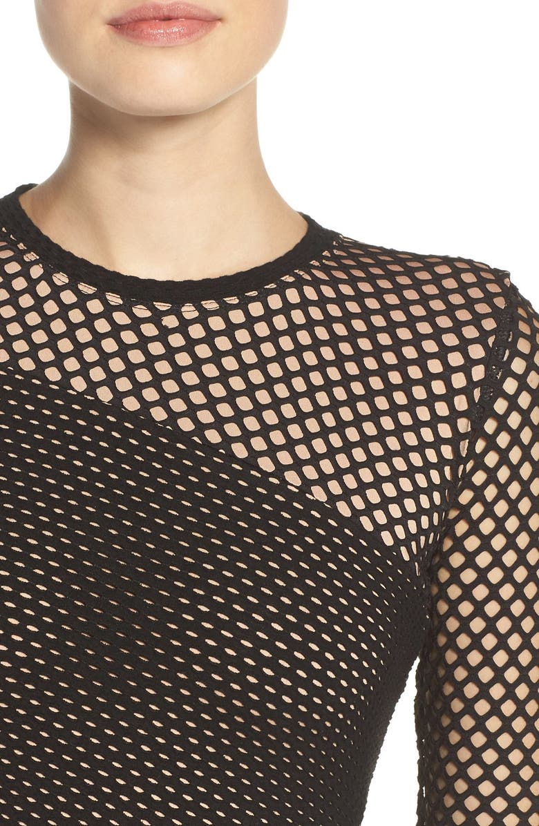 BCBGMAXAZRIA Jorden Asymmetrical Mesh Body-Con Dress, Alternate, color, 