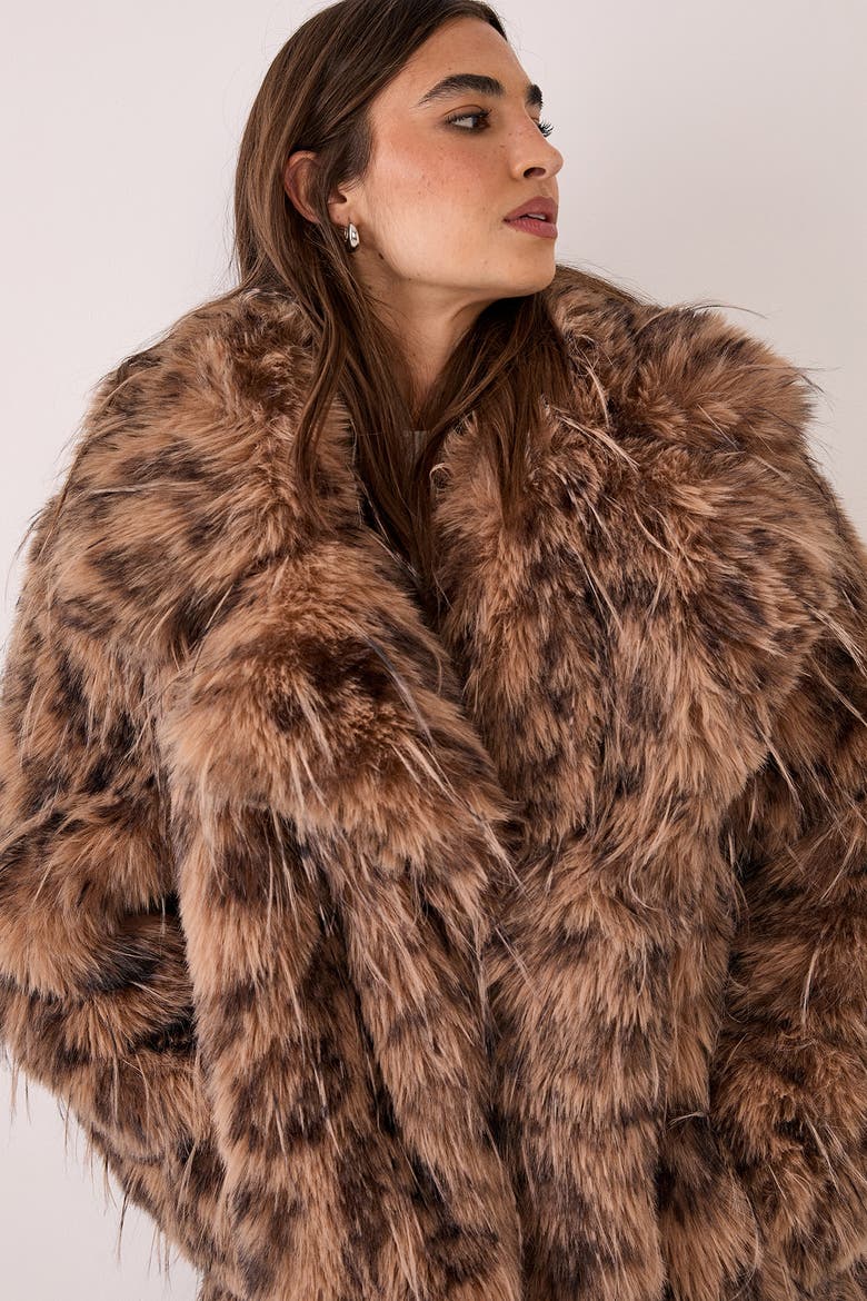 Faux Fur Longline Coat, Alternate, color, Brown
