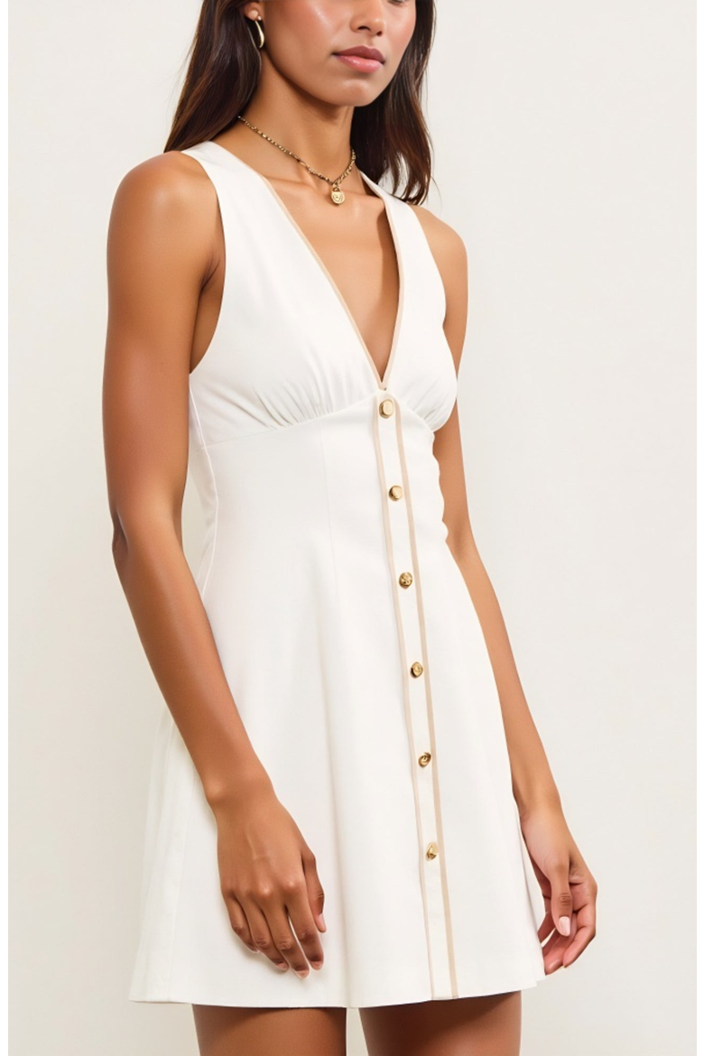 V-Neck Sleeveless Button Front Mini Dress with Contrast Trim, Alternate, color, White
