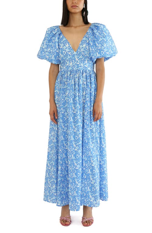 De Loreta Rococo Puff Sleeve Cotton A-line Maxi Dress In Blue