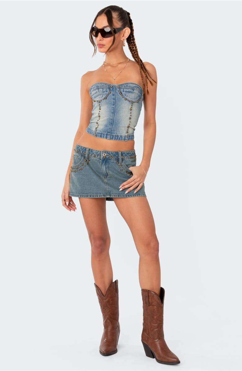 EDIKTED Studded Denim Lace-Up Corset Crop Top, Alternate, color, 