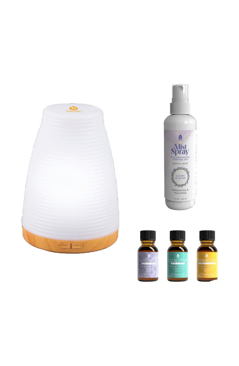 PURSONIC Aromatherapy Essentials Bundle with USB Diffuser, 3-Pack Oils, and Lavender Mist Spray, Main, color, Multicolor