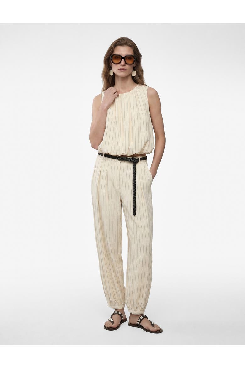 Linen Blend Pinstriped Harem Pants with Braided Belt, Main, color, BEIGE STRIPE