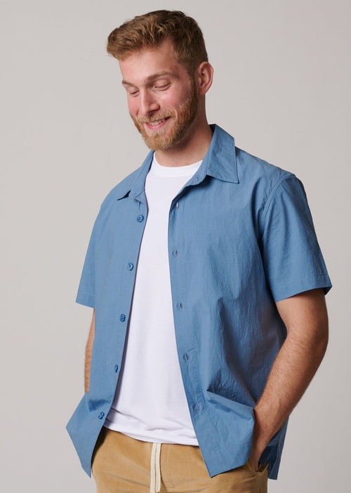 Leisure Lab Short Sleeve Cotton Button Up In Pacific