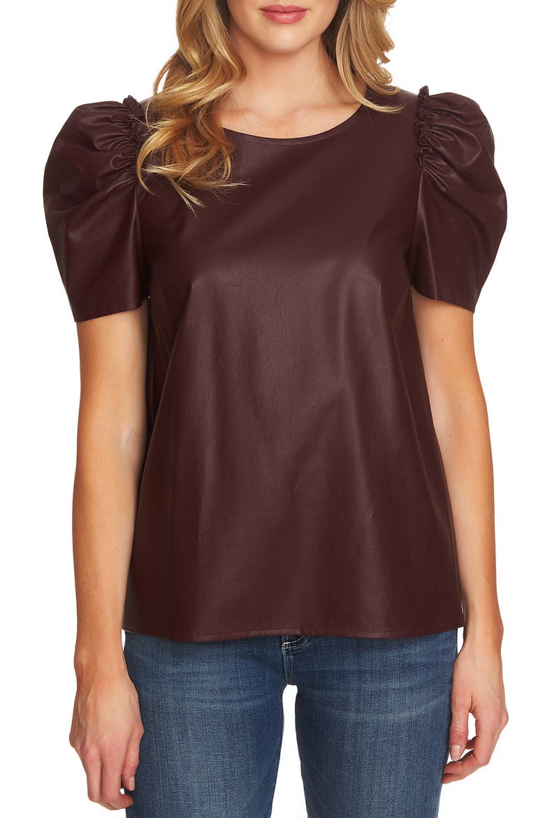 Puff Sleeve Faux Leather Top, Main, color, DEEP CLARET