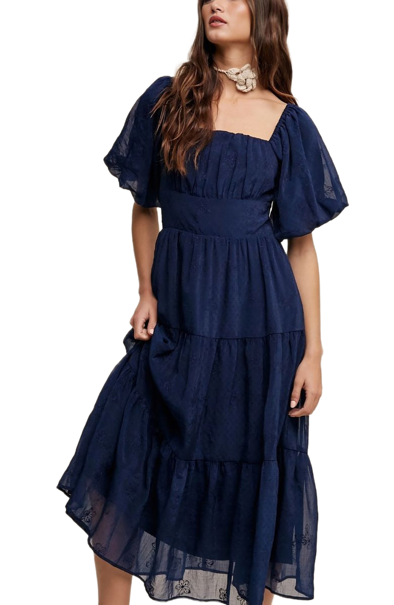 Knit and Lounge Puff Sleeve Tiered Ruffle Lace Maxi Dress, Alternate, color, Navy