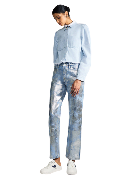 Kancan Premier Roberta Premier High Rise Straight Jeans In Light Wash Metallic