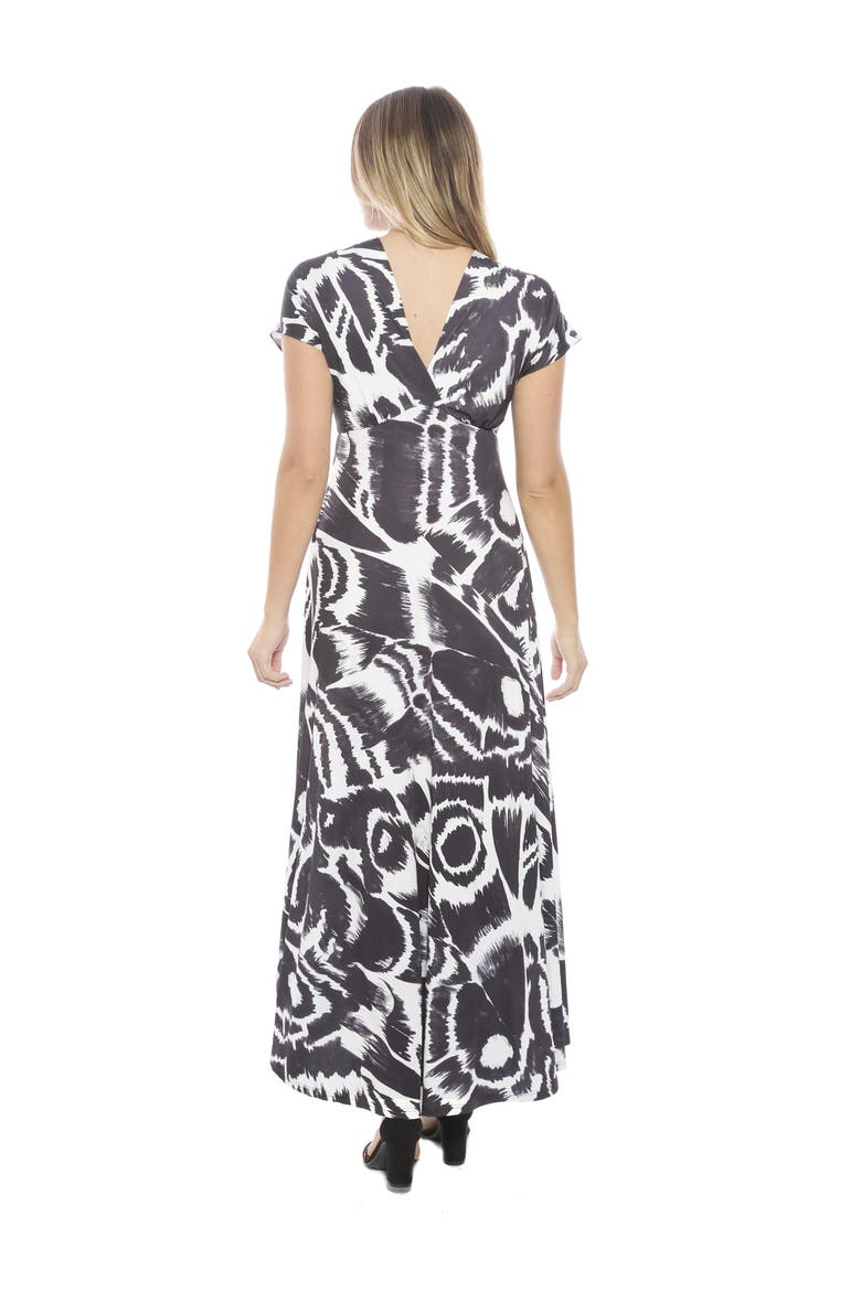 Womens Essential Abstract V-Neck Empire Waist Cap Sleeve Maxi Dress, Alternate, color, Black Multi