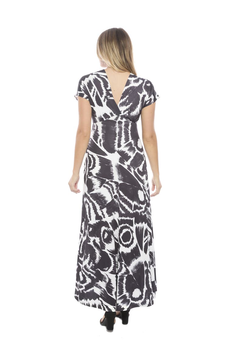 24seven Comfort Apparel Womens Essential Abstract V-Neck Empire Waist Cap Sleeve Maxi Dress, Alternate, color, Black Multi