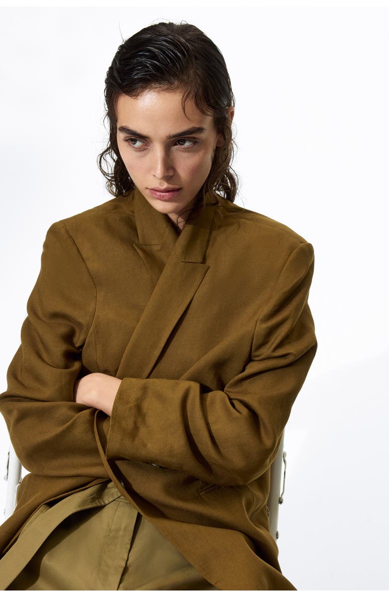 H&M Linen-blend Blazer, Alternate, color, Dark Khaki Green