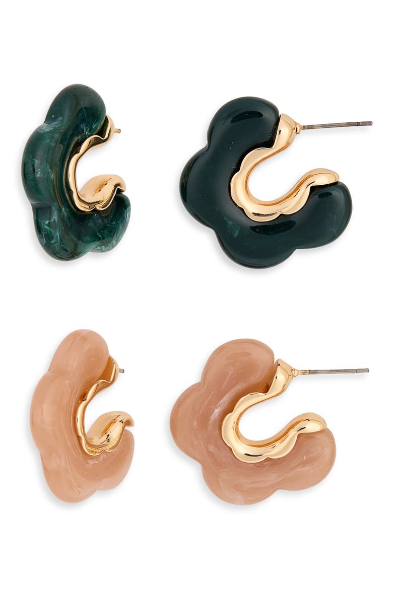 Set of 2 Scalloped Resin Hoop Earrings, Main, color, PINK-GREEN