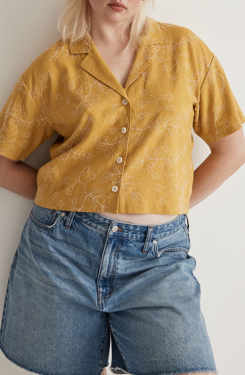 Madewell Resort Embroidered Linen Blend Crop Button-Up Shirt, Alternate, color,