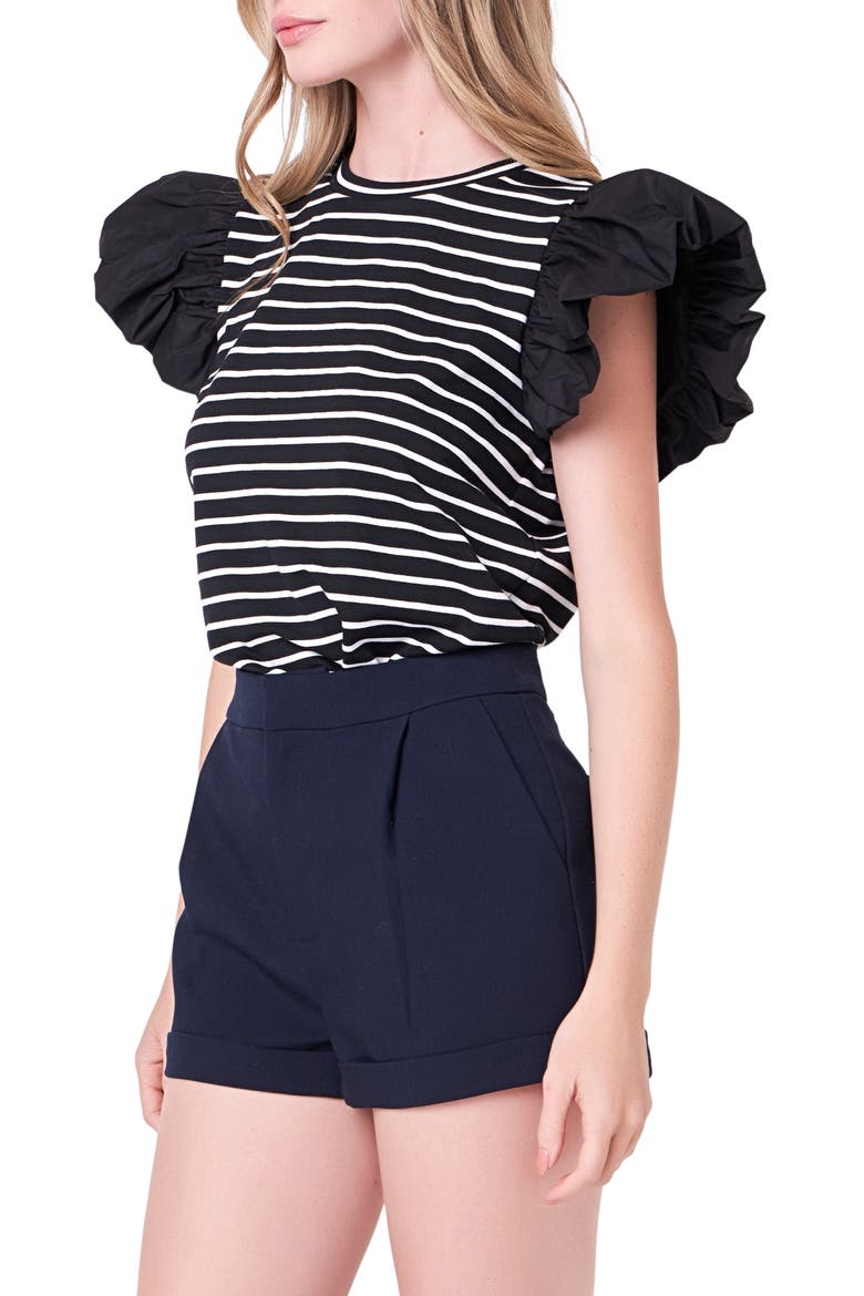 Mixed Media Stripe Ruffle Sleeve Top, Alternate, color, BLACK/ WHITE