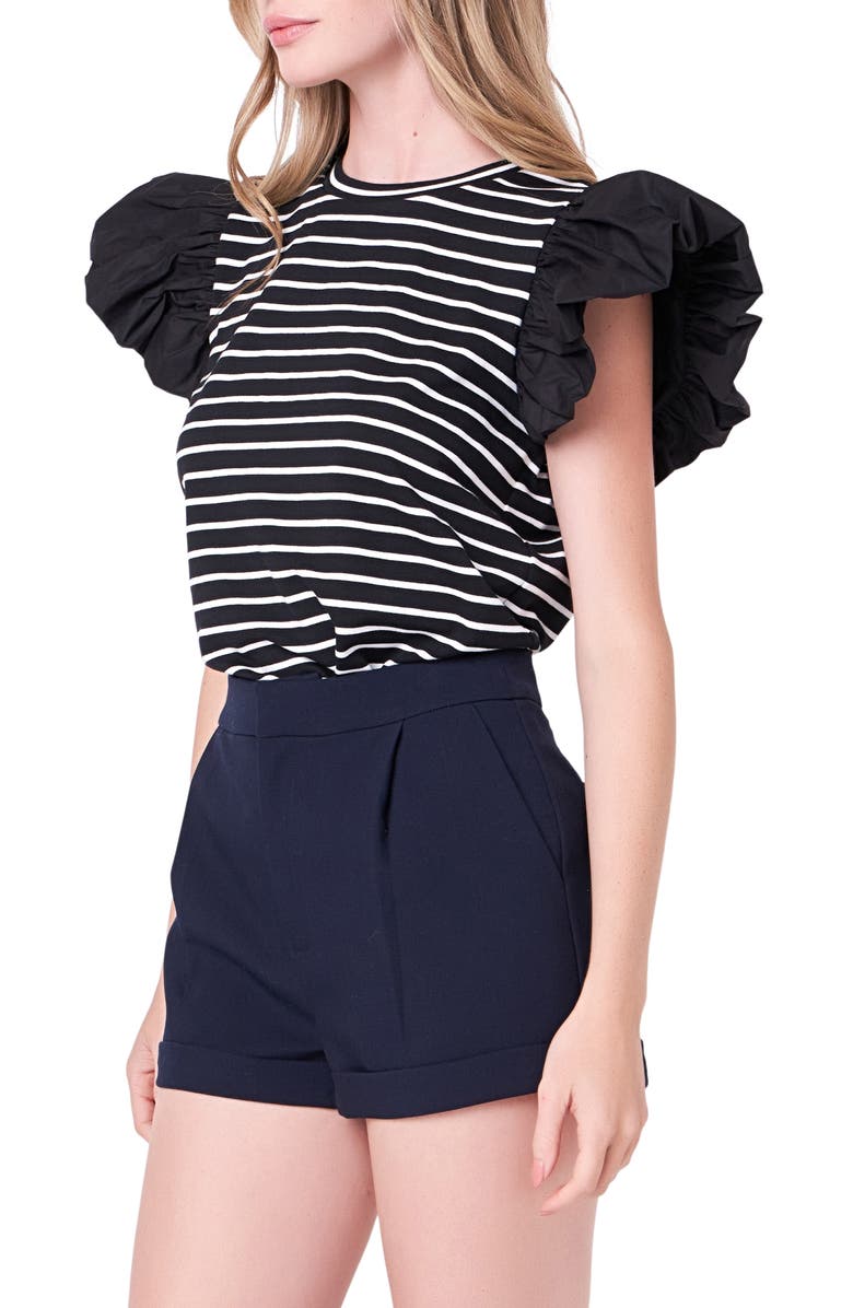 English Factory Mixed Media Stripe Ruffle Sleeve Top, Alternate, color, Black/ White