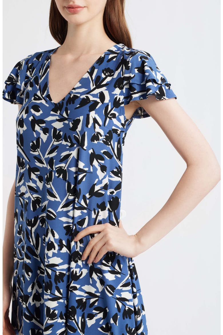 Abstract Floral Print V-Neck Swing Dress, Alternate, color, BLUE JAY MULTI