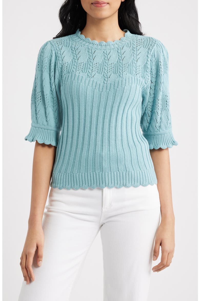 Mixed Stitch Elbow Sleeve Sweater, Main, color, PALE TEAL