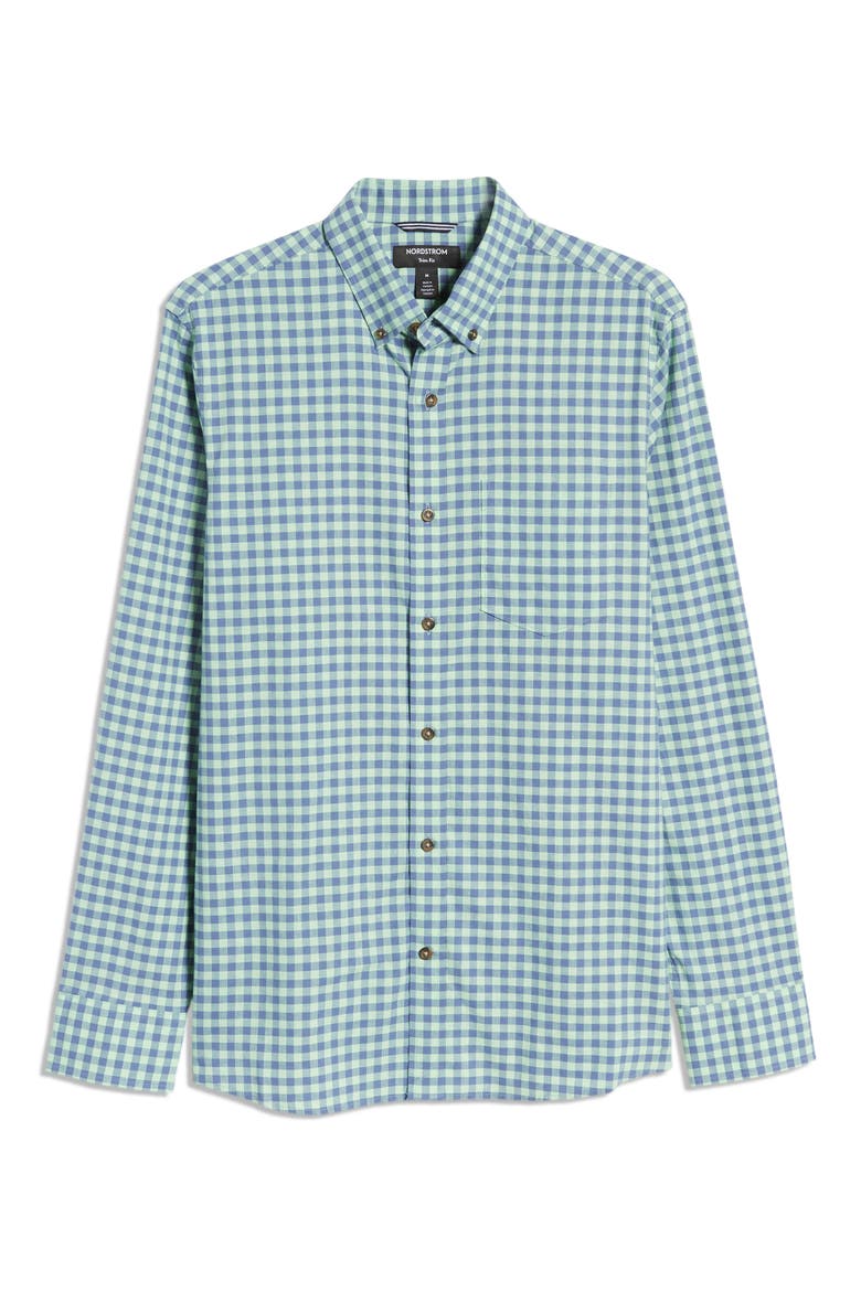 Trim Fit Gingham Linen & Cotton Button-Down Shirt, Alternate, color, BLUE - GREEN CL GINGHAM