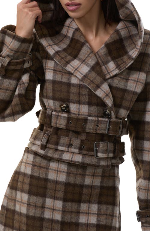 Afrm Halifax Plaid Double Breasted Hooded Crop Jacket In Brown