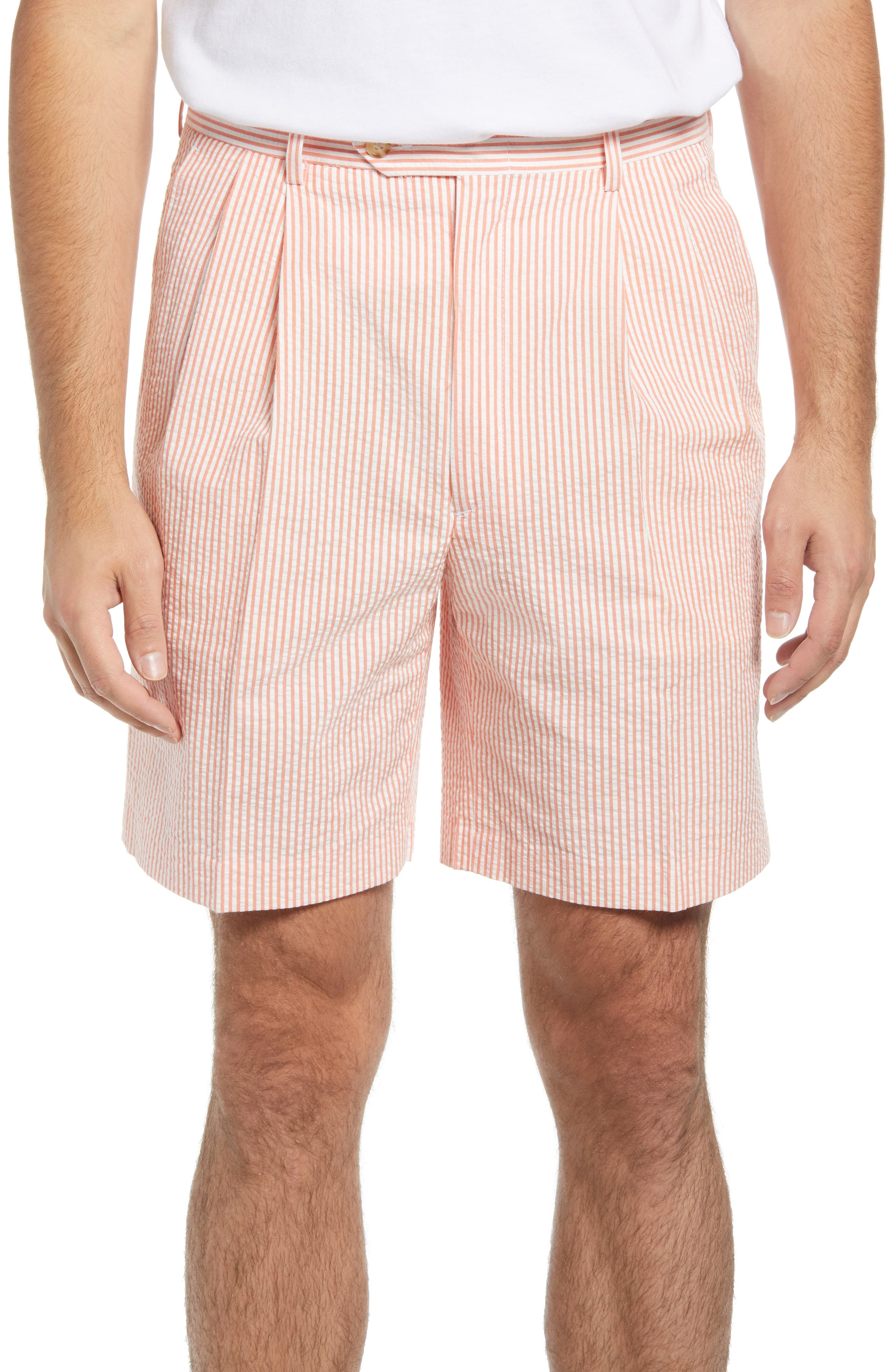 Berle Pleated Seersucker Shorts in Orange 