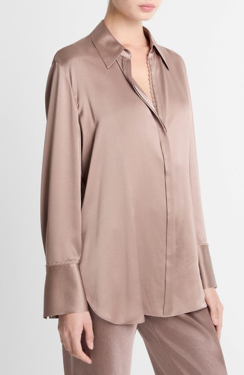 Vince Relaxed Lace Trim Placket Silk Satin Button-up Shirt In Neutral