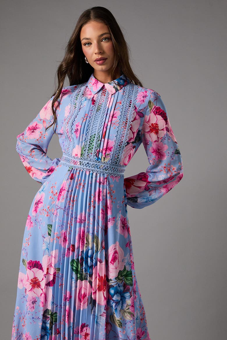 Pleated Lace Trim Long Sleeve Midi Dress, Alternate, color, Blue