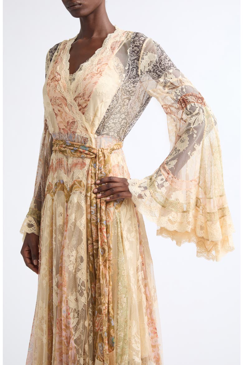 Valiant Floral Long Sleeve Silk & Lace Wrap Dress, Alternate, color, SPLICED FLORAL