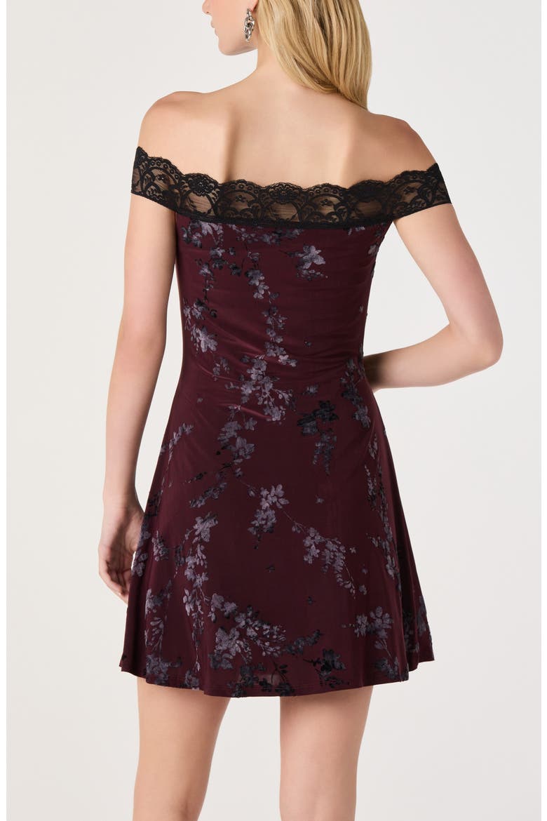 Heloise Floral Lace Trim Off the Shoulder Minidress, Alternate, color, WINE BLACK FLORAL