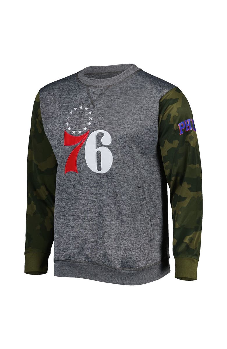 FANATICS Men's Fanatics Branded Heather Charcoal Philadelphia 76ers Camo Stitched Sweatshirt, Alternate, color, Heather Charcoal