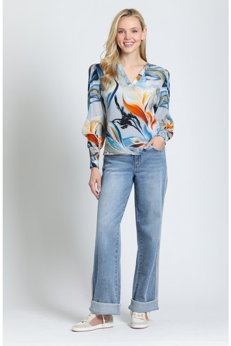 Split Neck Top with Smocked Cuffs, Alternate, color, SKY/AMBER