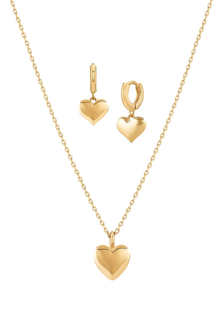 14k Gold Plated Puffed Heart Necklace & Huggies Set Cute Trendy Everyday, Main, color, Gold