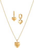 Bearfruit Jewelry 14k Gold Plated Puffed Heart Necklace & Huggies Set Cute Trendy Everyday