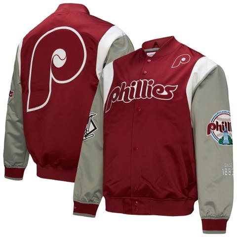 Men's Mitchell & Ness Burgundy/Gray Philadelphia Phillies Cooperstown Collection Team Origins Satin Full-Snap Jacket