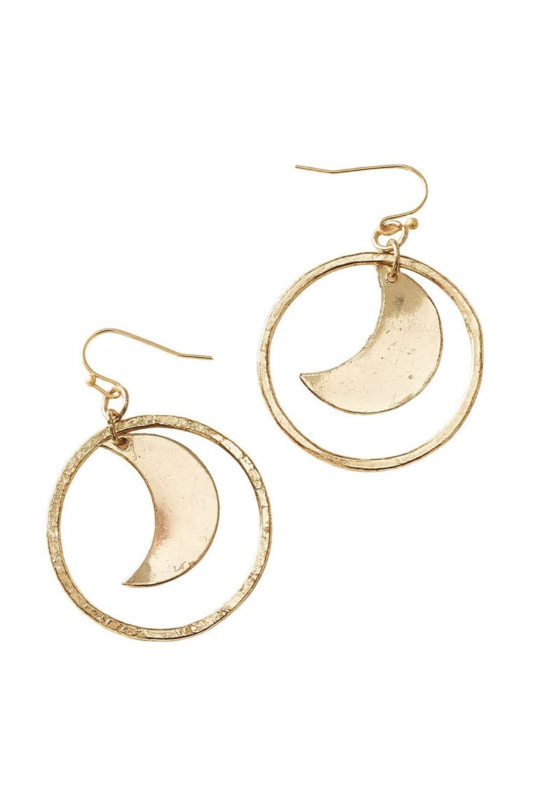 Diya Crescent Moon Hoop Dangle Earrings, Main, color, Gold