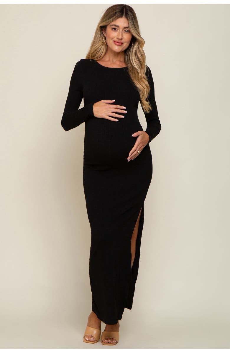 PinkBlush Ribbed Long Sleeve Side Slit Maxi Dress, Main, color, Black
