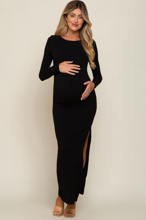 Ribbed Long Sleeve Side Slit Maxi Dress