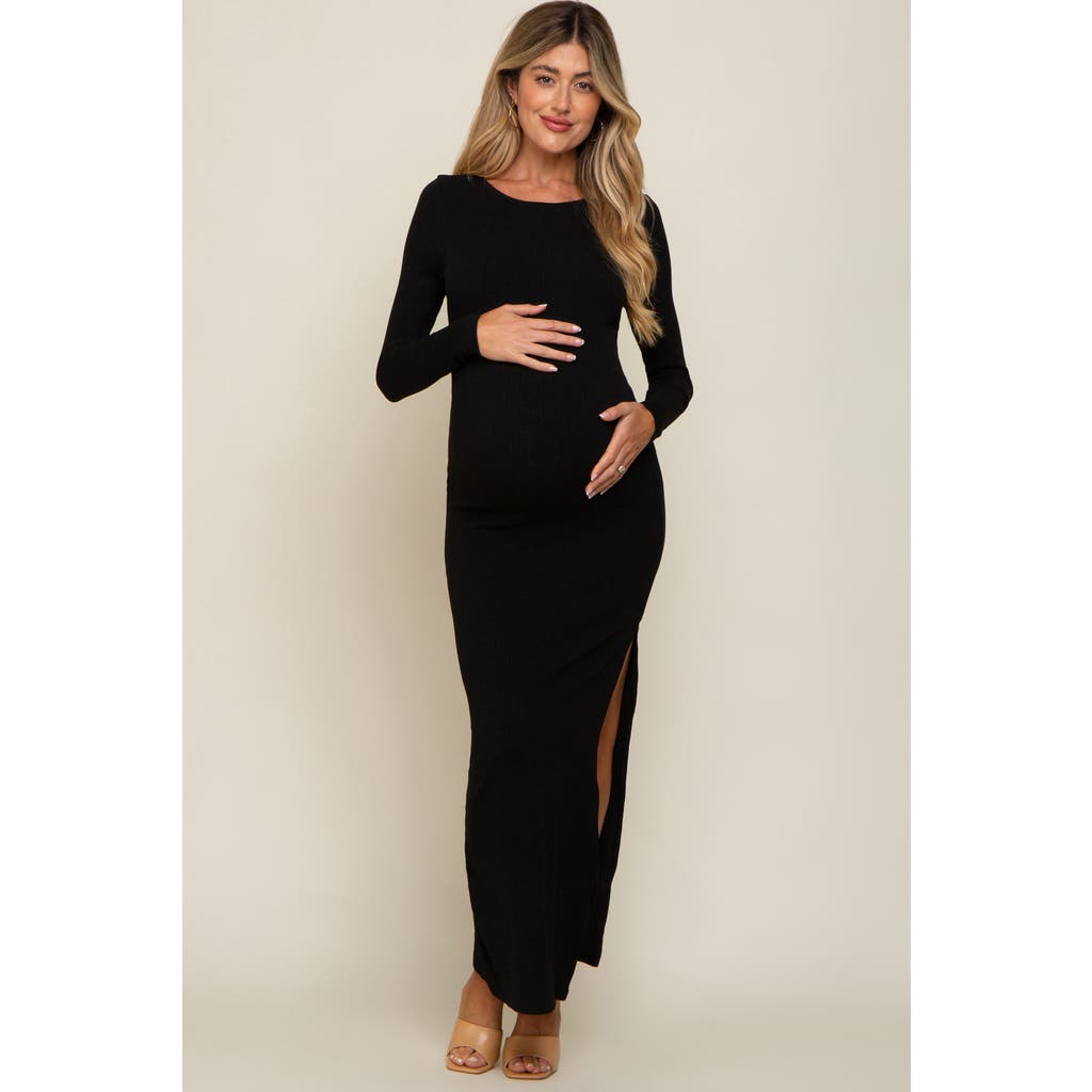 Pinkblush Ribbed Long Sleeve Side Slit Maxi Dress In Black