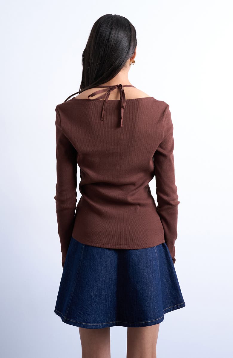 Topshop Tie Neck Rib Scoop Neck Top, Alternate, color, Brown