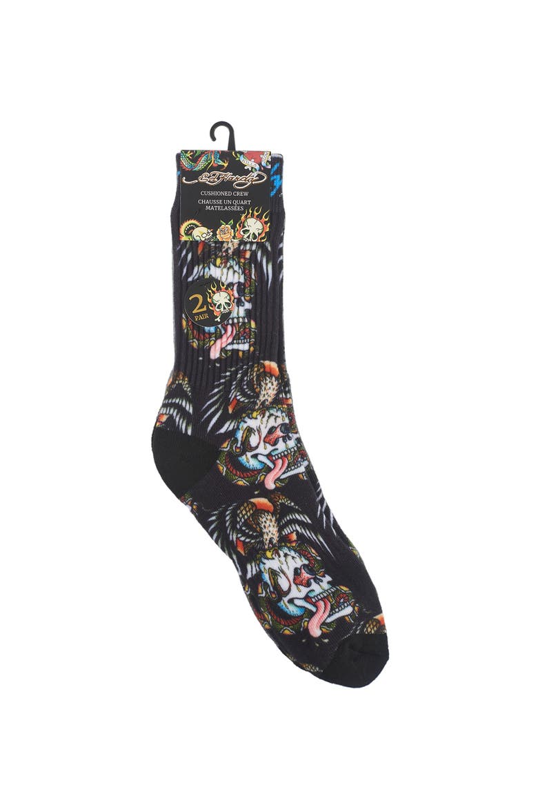 Skull 360 Print Full Cushion Crew Sock 2-Pack, Alternate, color, BLACK