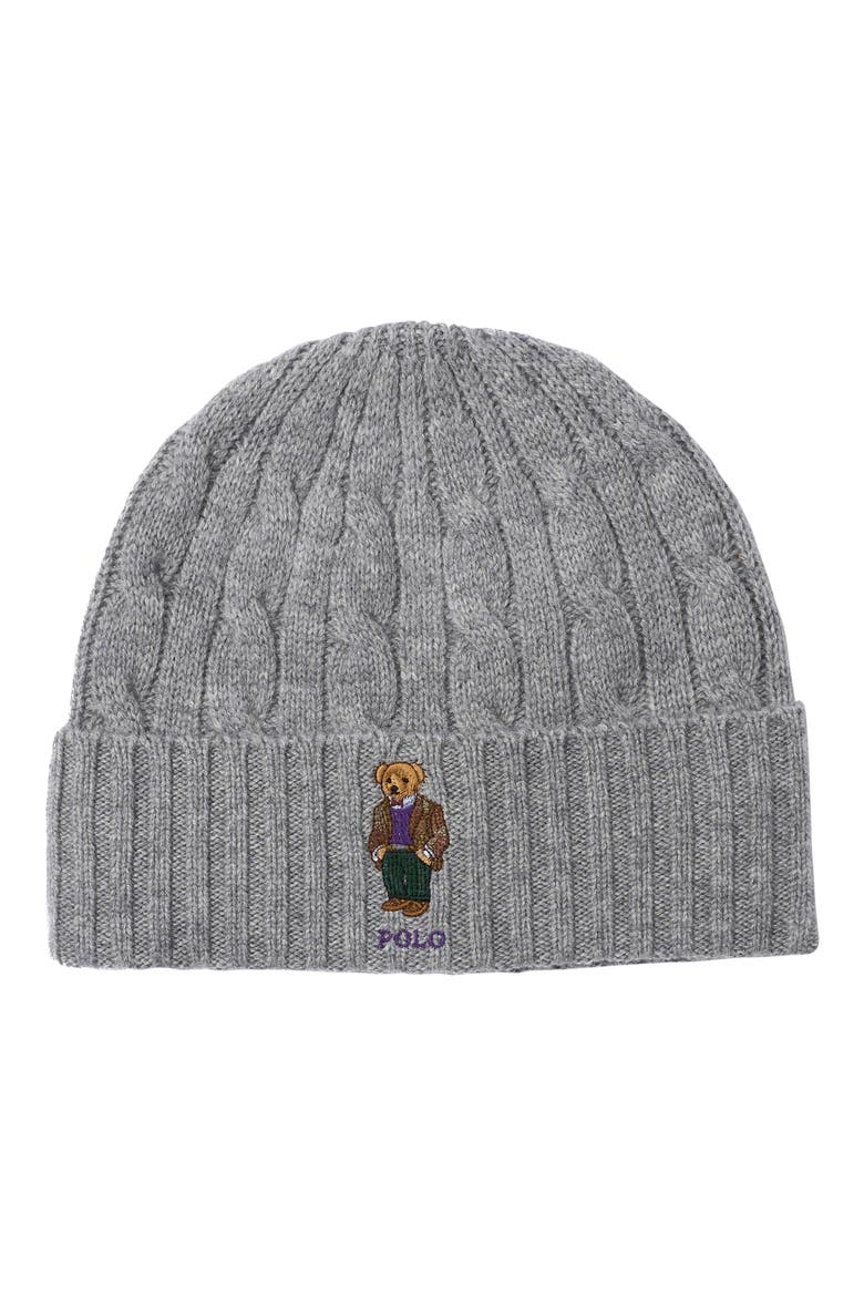 Heritage Bear Cable Knit Wool & Cashmere Beanie, Main, color, ANDOVER HEATHER